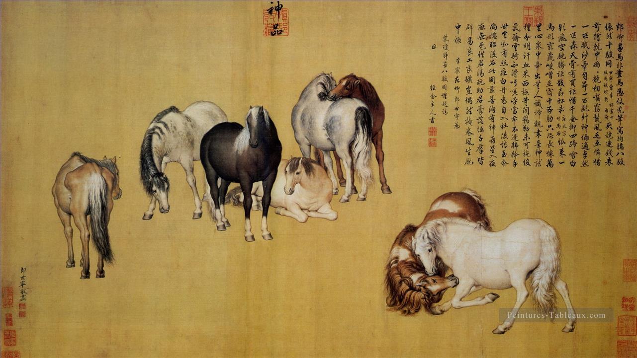 Lang brillant huit chevaux ancienne Chine encre Giuseppe Castiglione Peintures à l'huile